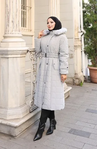 Veste à Capuche Grande Taille Avec Ceinture 6322-03 Gris 6322-03
