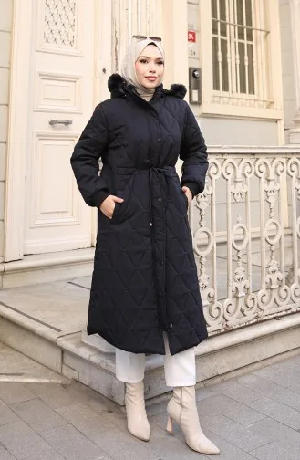 Büyük Beden Beli Bağcıklı Kapüşonlu Mont 6343-01 Siyah