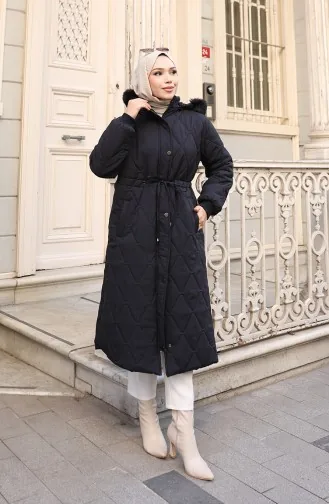 Büyük Beden Beli Bağcıklı Kapüşonlu Mont 6343-01 Siyah