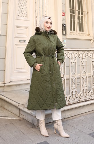 Büyük Beden Beli Bağcıklı Kapüşonlu Mont 6343-03 Haki