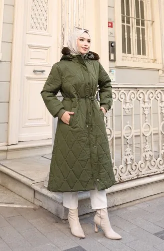 Büyük Beden Beli Bağcıklı Kapüşonlu Mont 6343-03 Haki