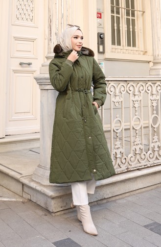 Büyük Beden Beli Bağcıklı Kapüşonlu Mont 6343-03 Haki