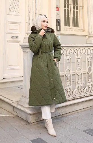 Büyük Beden Beli Bağcıklı Kapüşonlu Mont 6343-03 Haki