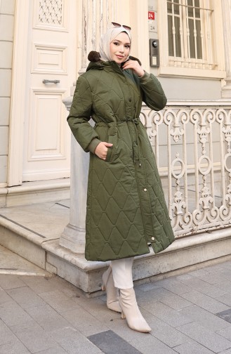 Büyük Beden Beli Bağcıklı Kapüşonlu Mont 6343-03 Haki