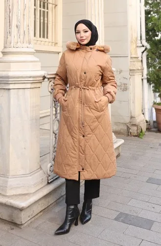 Büyük Beden Beli Bağcıklı Kapüşonlu Mont 6343-04 Taba