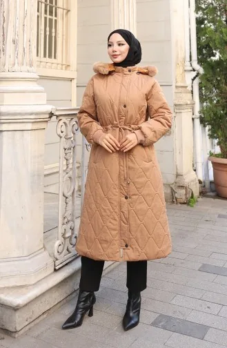 Büyük Beden Beli Bağcıklı Kapüşonlu Mont 6343-04 Taba