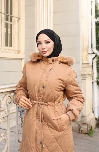 Büyük Beden Beli Bağcıklı Kapüşonlu Mont 6343-04 Taba