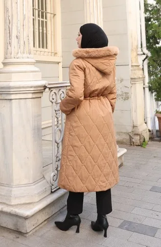 Büyük Beden Beli Bağcıklı Kapüşonlu Mont 6343-04 Taba