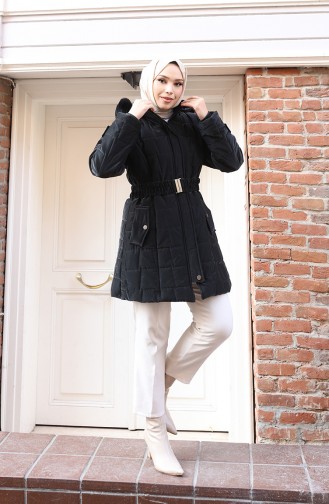 Veste à Capuche Grande Taille Avec Ceinture 6345-01 Noire 6345-01