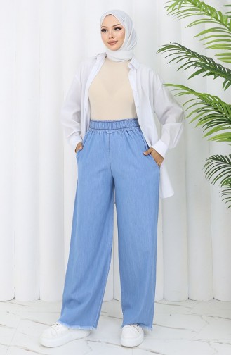 Tensel Kumaş Beli Lastikli Kot Pantolon 5827-01 Açık Mavi