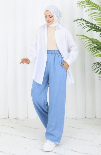 Tensel Kumaş Beli Lastikli Kot Pantolon 5827-01 Açık Mavi