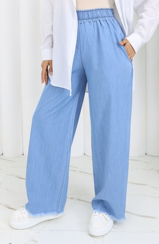 Tensel Kumaş Beli Lastikli Kot Pantolon 5827-01 Açık Mavi