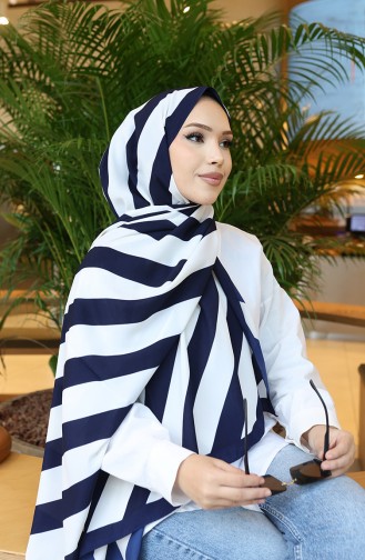 Patterned Shawl 70338-07 Navy Blue Ecru 70338-07