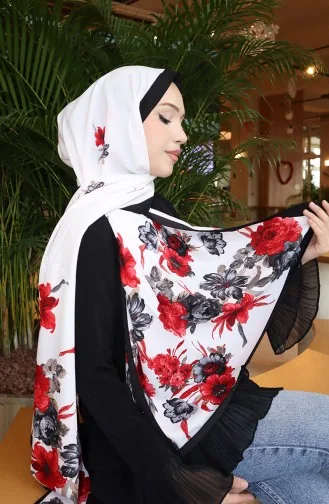 Çiçek Desenli Capri Şal 70346-01 Siyah Kırmızı