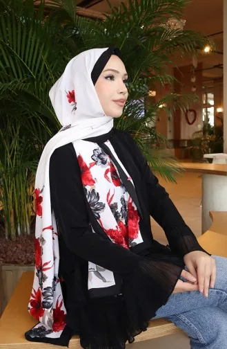 Çiçek Desenli Capri Şal 70346-01 Siyah Kırmızı