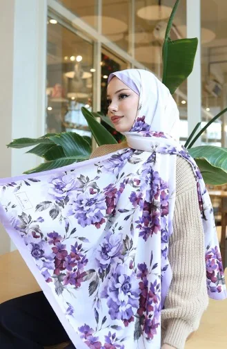Çiçek Desenli Capri Şal 70349-03 Lila Ekru
