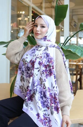 Çiçek Desenli Capri Şal 70349-03 Lila Ekru