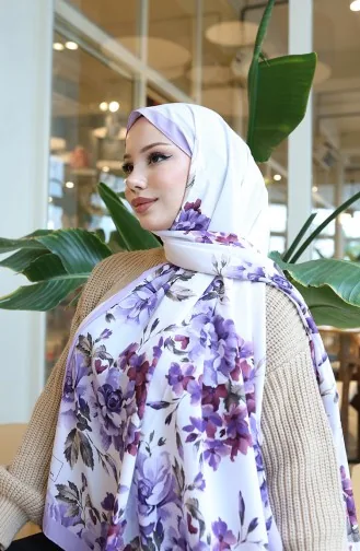 Çiçek Desenli Capri Şal 70349-03 Lila Ekru