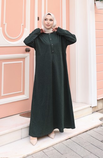 Knitted Winter Button Detailed Hijab Dress 2180-01 Emerald Green 2180-01