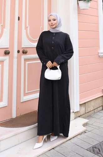 Gestricktes Winterkleid Mit Knopfleiste Und Hijab-Details 2180-04 Schwarz 2180-04