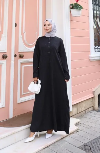 Gestricktes Winterkleid Mit Knopfleiste Und Hijab-Details 2180-04 Schwarz 2180-04