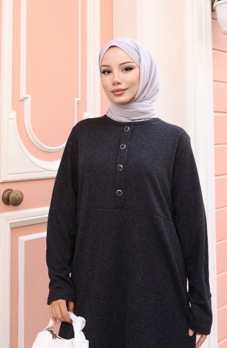 Gestricktes Winterkleid Mit Knopfleiste Und Hijab-Details 2180-04 Schwarz 2180-04