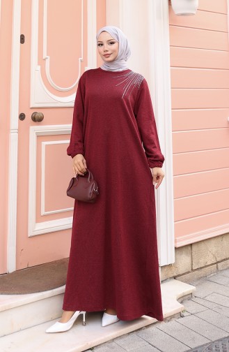 Knitted Winter Stone Embroidered Hijab Dress 2181-01 Claret Red 2181-01