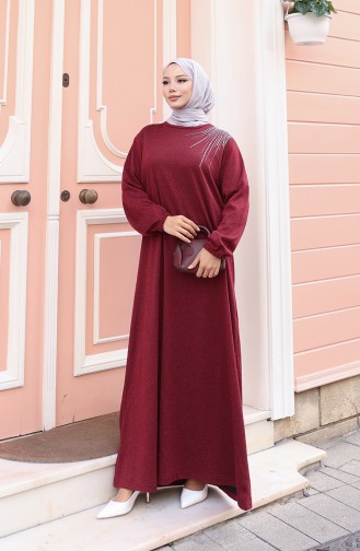 Knitted Winter Stone Embroidered Hijab Dress 2181-01 Claret Red 2181-01