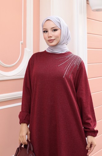 Knitted Winter Stone Embroidered Hijab Dress 2181-01 Claret Red 2181-01