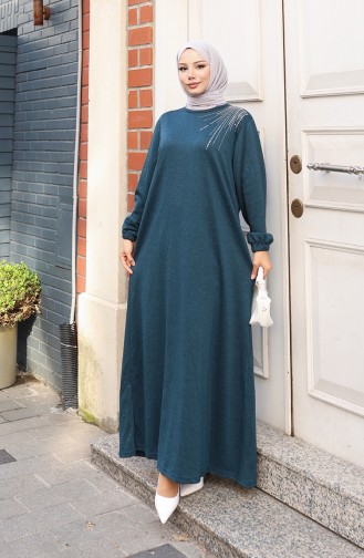 Knitted Winter Fabric Stone Embroidered Hijab Dress 2181-02 Petrol 2181-02