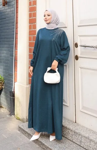 Robe Hijab Brodée De Pierres En Maille D`hiver 2181-02 Pétrole 2181-02