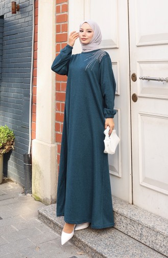 Knitted Winter Fabric Stone Embroidered Hijab Dress 2181-02 Petrol 2181-02