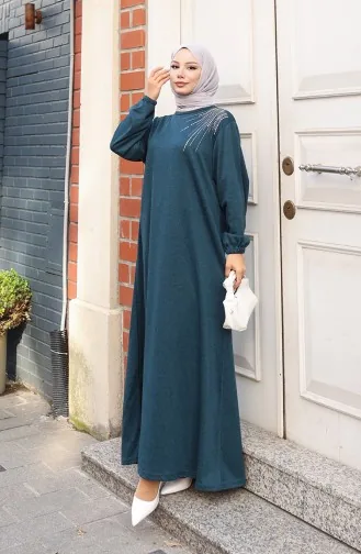 Robe Hijab Brodée De Pierres En Maille D`hiver 2181-02 Pétrole 2181-02