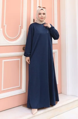 Örme Kumaş Kışlık Taş İşlemeli Tesettür Elbise 2181-03 Lacivert