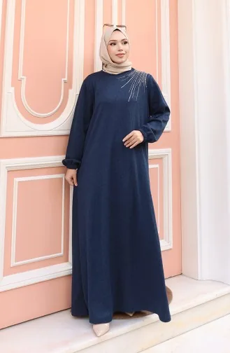 Örme Kumaş Kışlık Taş İşlemeli Tesettür Elbise 2181-03 Lacivert