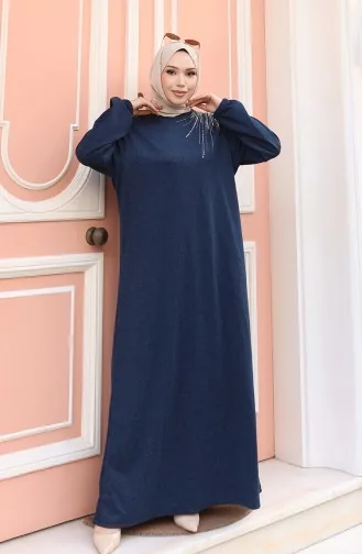 Örme Kumaş Kışlık Taş İşlemeli Tesettür Elbise 2181-03 Lacivert