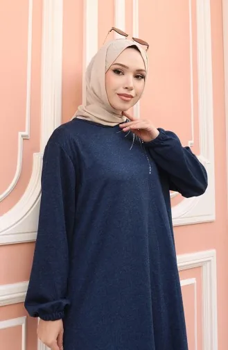 Örme Kumaş Kışlık Taş İşlemeli Tesettür Elbise 2181-03 Lacivert