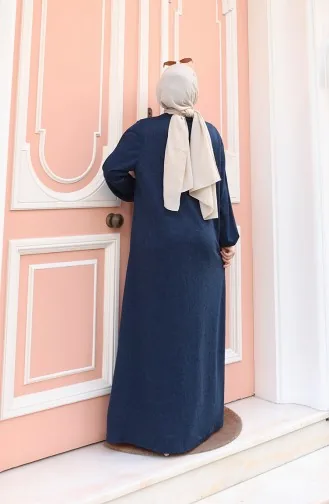 Örme Kumaş Kışlık Taş İşlemeli Tesettür Elbise 2181-03 Lacivert