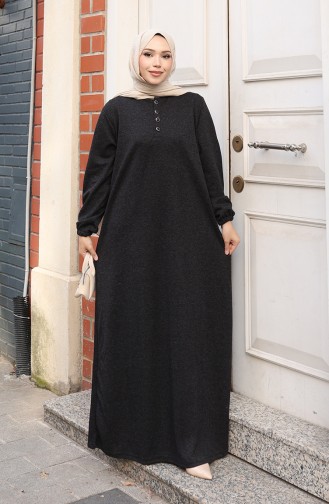 Gestricktes Winterkleid Mit Knopfleiste Und Hijab-Details 2182-01 Schwarz 2182-01