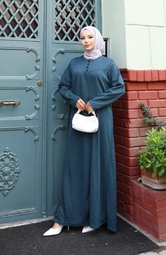 Robe Hijab D`hiver Tricotée à Boutons Ornée De Détails 2184-02 Pétrole 2184-02