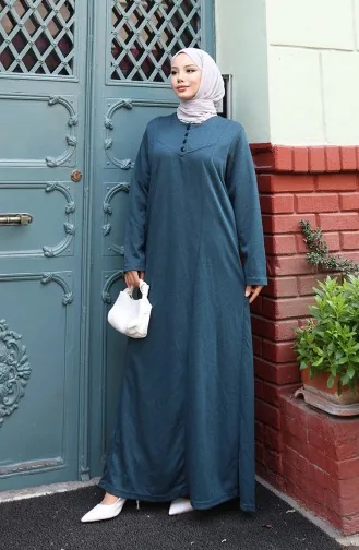 Robe Hijab D`hiver Tricotée à Boutons Ornée De Détails 2184-02 Pétrole 2184-02
