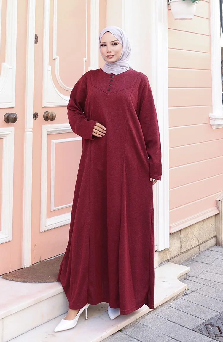 Robe Hijab D`hiver Tricotée à Boutons Rouge Bordeaux Référence 2184-04 2184-04
