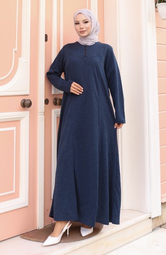 فستان حجاب شتوي محبوك بأزرار وتفاصيل 2184-05 أزرق داكن 2184-05