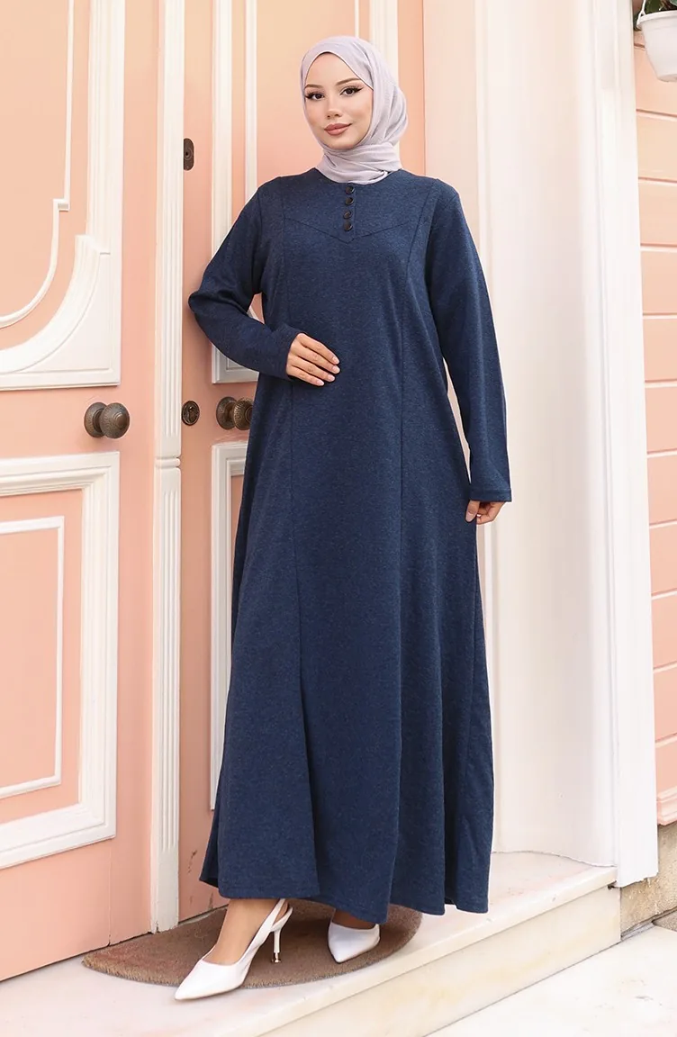 Robe Hijab D`hiver Tricotée à Boutons Bleu Marine 2184-05 2184-05