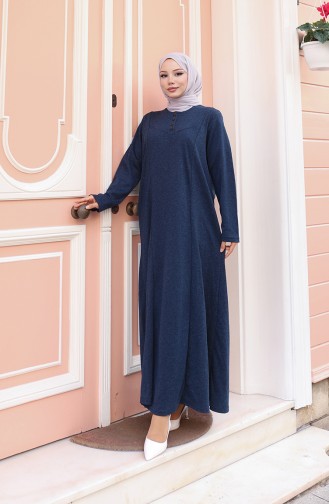 فستان حجاب شتوي محبوك بأزرار وتفاصيل 2184-05 أزرق داكن 2184-05