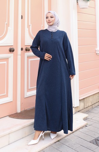 فستان حجاب شتوي محبوك بأزرار وتفاصيل 2184-05 أزرق داكن 2184-05