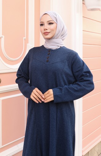 فستان حجاب شتوي محبوك بأزرار وتفاصيل 2184-05 أزرق داكن 2184-05