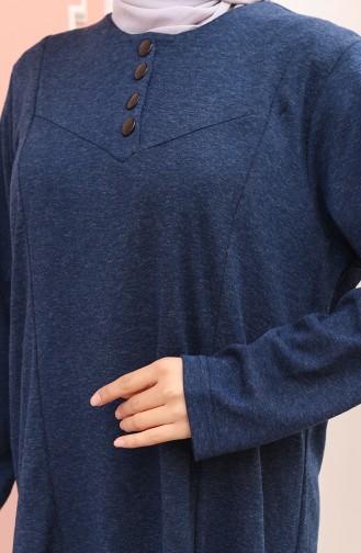 فستان حجاب شتوي محبوك بأزرار وتفاصيل 2184-05 أزرق داكن 2184-05