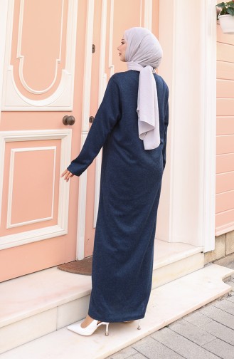 فستان حجاب شتوي محبوك بأزرار وتفاصيل 2184-05 أزرق داكن 2184-05