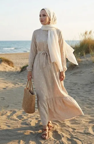 Berra Çapa Pattern Cotton Viscose Dress 0344-01 Beige 0344-01
